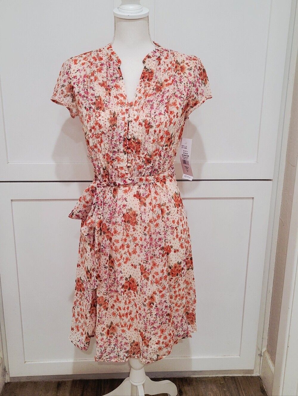 NWT MSK Floral Tie-Waist Cap Sleeve Dress - Pink/Peach | Size 4 - Picture 2 of 10